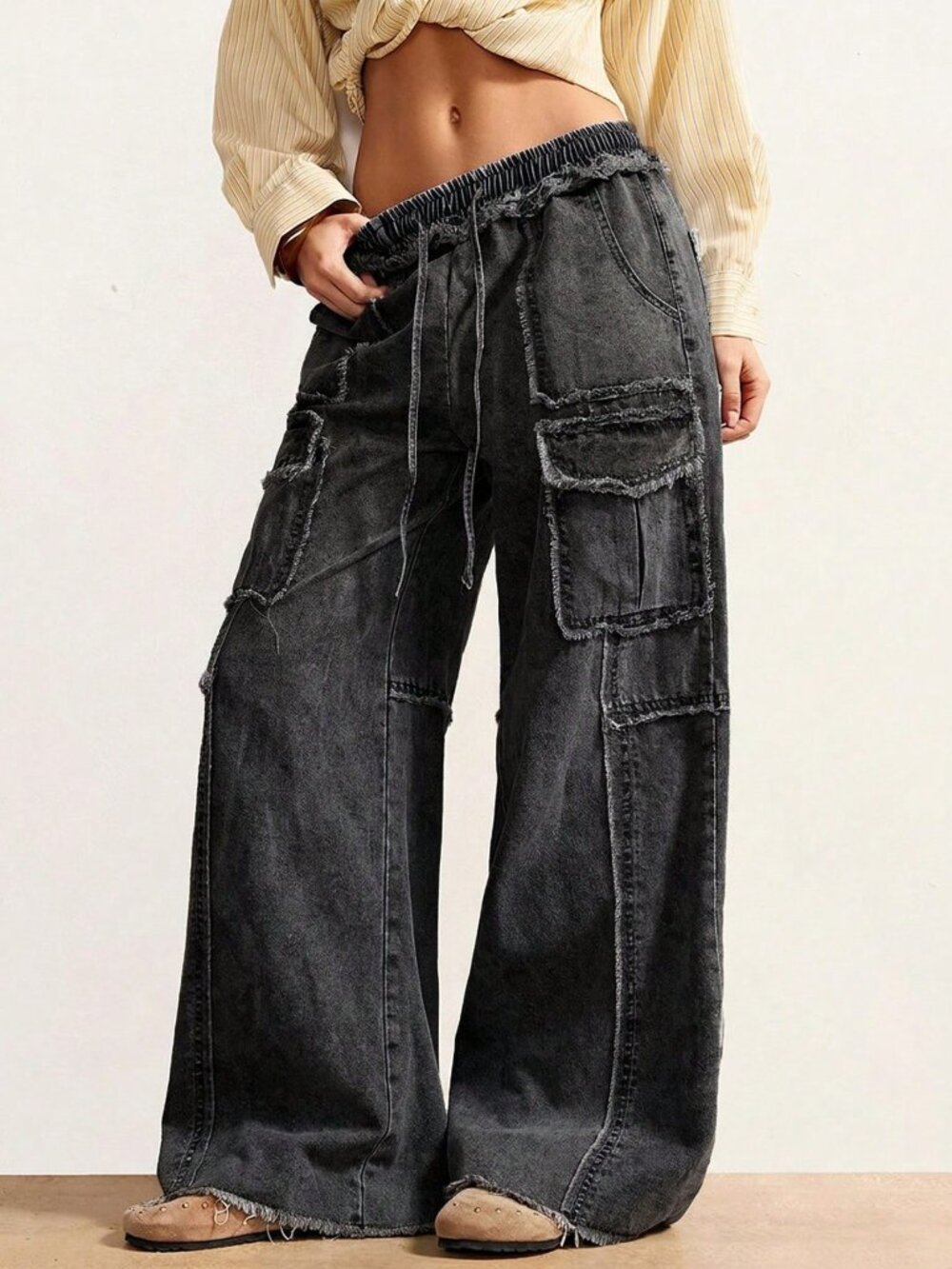 Black Casual Women's Plus Size Drawstring Waist Pocket Casual Cargo Denim Pants
